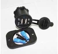 a black car charger with a blue plug attached to it